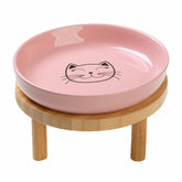 Lusifaco pink shallow elevated cat bowls on bamboo stand for whisker-friendly dining