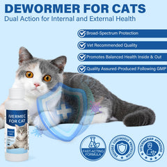 LuxeVib DEWORMER for Cats dosage instructions illustrate simple daily mixing.