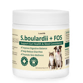 LuxeVib S boulardii FOS powder bottle for pets supports gut balance