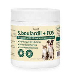 LuxeVib S boulardii FOS powder bottle for pets supports gut balance