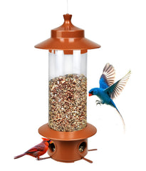 LYKENTOR squirrel-proof feeder hanging outdoors deters squirrels while letting small birds feed.