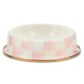 MacKenzie-Childs Rosy Check enamel pet bowl closeup shows durable, food-safe finish.