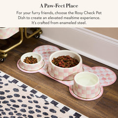 MacKenzie-Childs enamel pet bowl side view highlights pink-and-white check pattern.