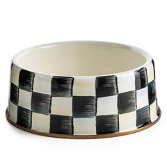 MACKENZIE-CHILDS pet bowl front view highlights durable enamel and Courtly Check charm.