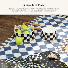 MACKENZIE-CHILDS pet bowl side view shows sturdy steel underbody for daily use.