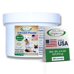 Mad About Organics dental powder packaging front for convenient pet dental care.