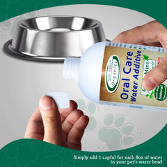 Pet drinks water treated with Mad About Organics additive for fresher breath.