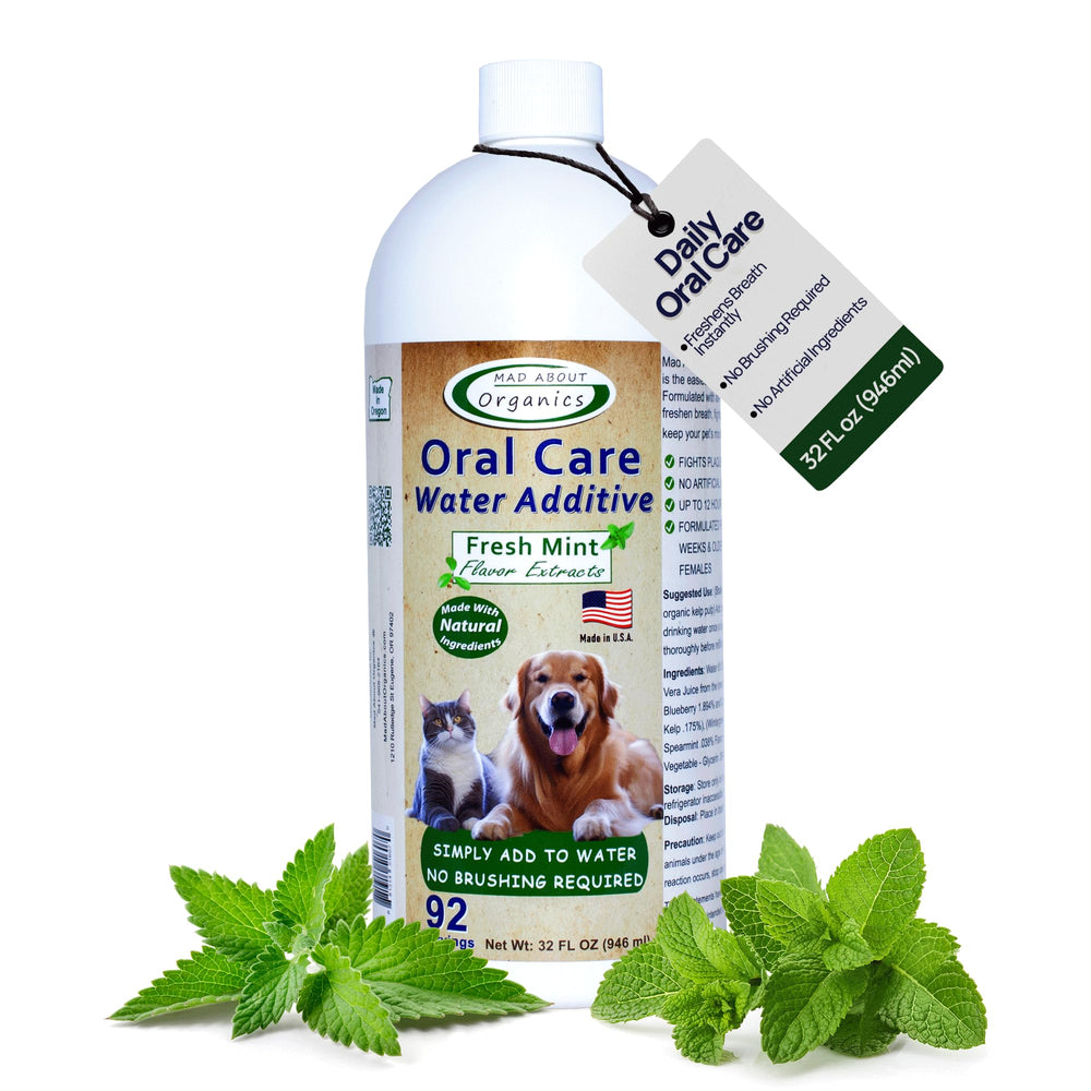 Mad About Organics water additive bottle with mint formula for fresher pet breath.