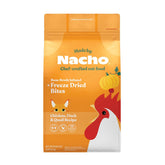 Made by Nacho dry cat kibble bag packshot highlights premium cage-free chicken protein.