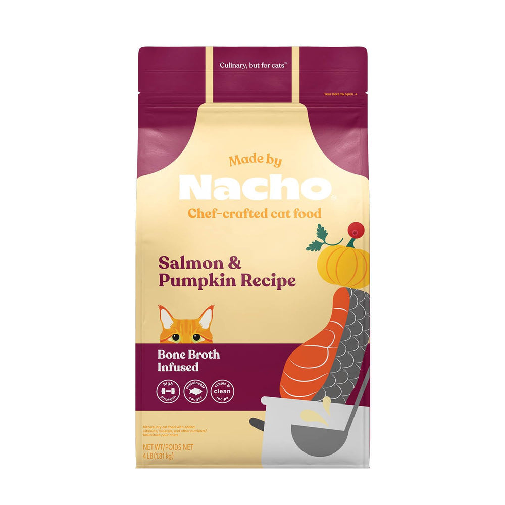Made by Nacho Dry Cat Kibble front of bag highlights premium formula for picky eaters.