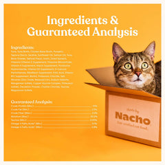 Made by Nacho grain-free wet cat food, no fillers, gentle on sensitive diets.