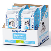 MAGICARE pet wipes pack close-up shows thick, soft cloth for gentle cleaning.