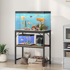 MAHANCRIS stand with two-tier shelves organized for aquarium accessories.