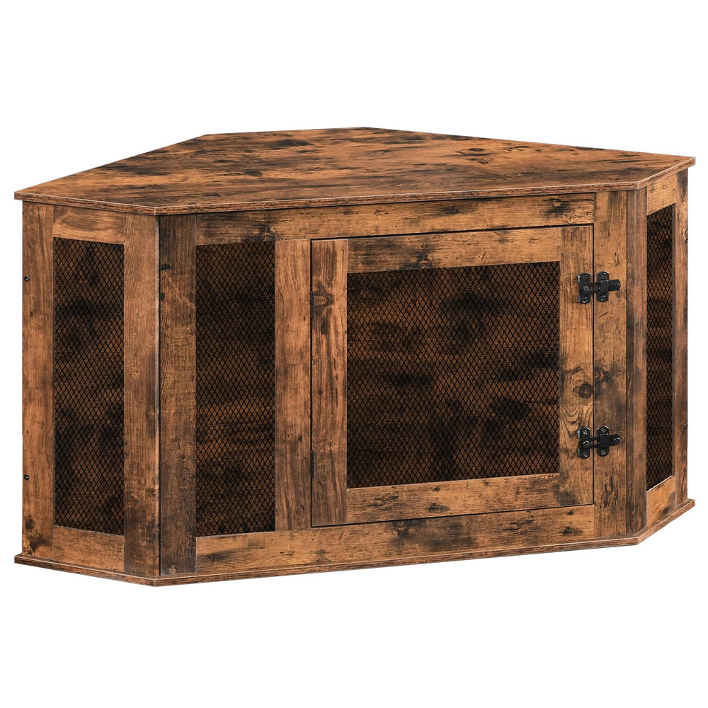 MAHANCRIS corner dog crate assembly shows seamless corner fit for small rooms.