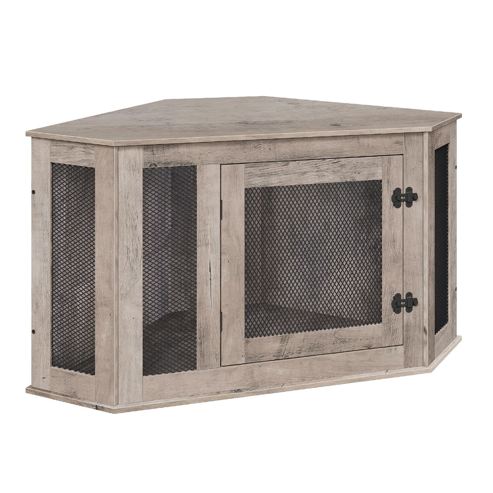 MAHANCRIS Corner Dog Crate Furniture shown against a wall to save space.