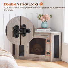 MAHANCRIS Corner Dog Crate built with wood and metal for durability.