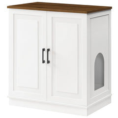 MAHANCRIS large litter box enclosure seen as white cabinet with walnut top, blending with decor and adding surface space
