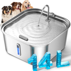 MAILOFY Large Dog Water Fountain 14L with visible window for easy water level check.