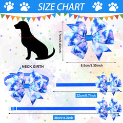 Maitys rainbow-tie-dye dog collar bows highlight vibrant patterns for sunny playtimes.