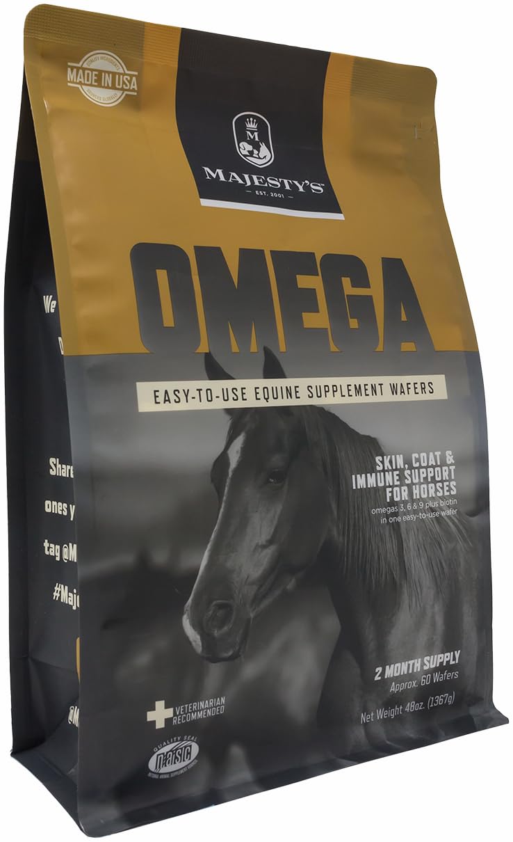 Majesty's Omega Wafers bag shown, highlighting a two-month supply for horses.
