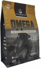 Majesty's Omega Wafers bag shown, highlighting a two-month supply for horses.