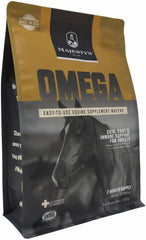 Majesty's Omega Wafers bag shown, highlighting a two-month supply for horses.