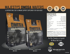 Horse happily eating Majesty's Omega Wafers as part of daily routine.