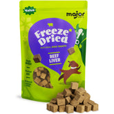 Major Pets bag of freeze-dried beef liver treats highlighting single ingredient nutrition