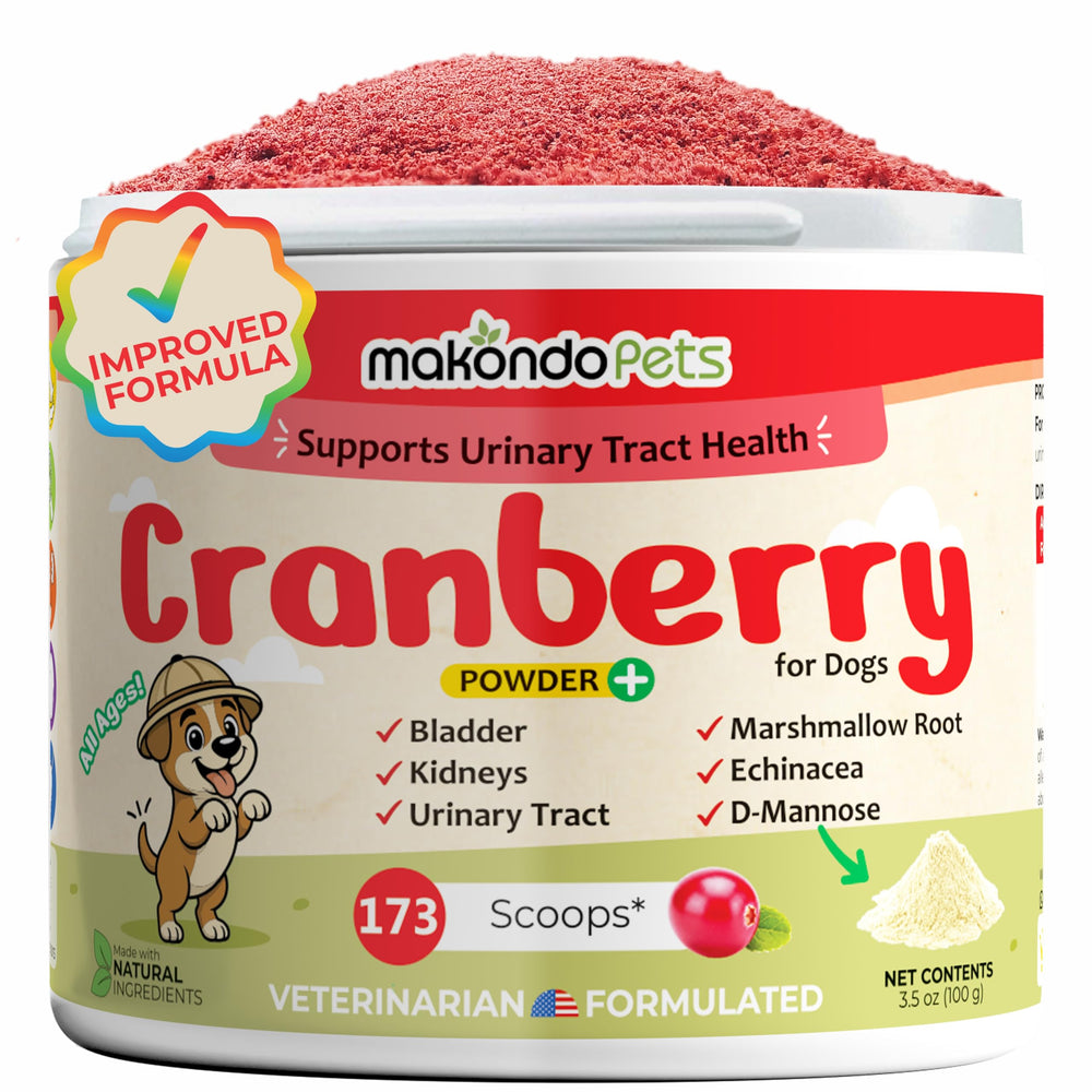 Makondo Pets cranberry powder in a jar for daily urinary support.