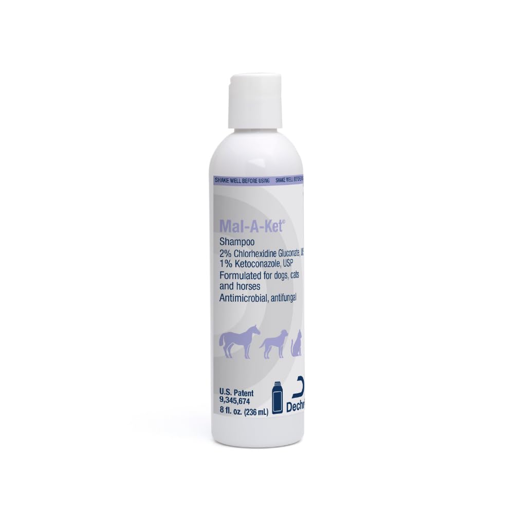 Mal-A-Ket shampoo bottle with label promoting healthy skin support.