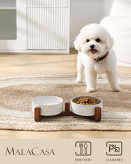 MALACASA bowls on a raised wood stand; stable and spill-resistant.