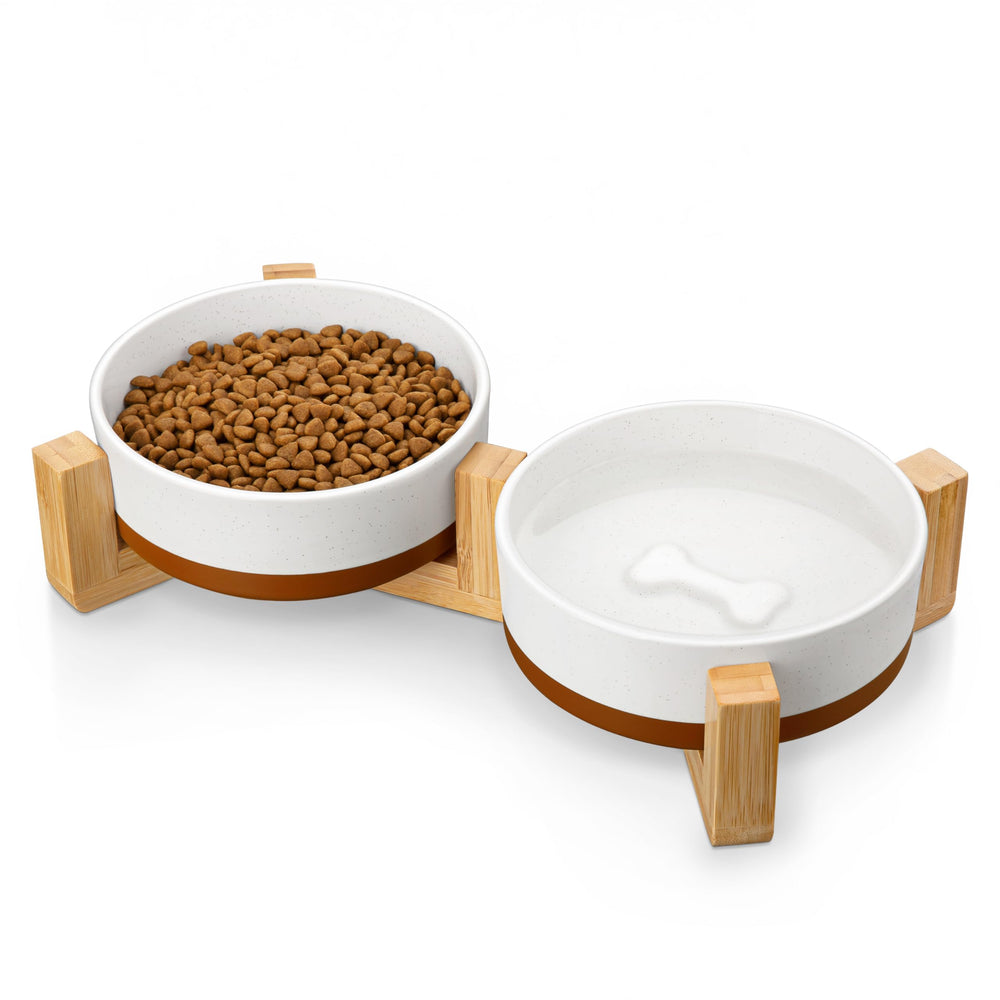 MALACASA ceramic dog bowls with wood stand side view, compact for small pets