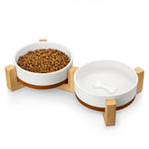 MALACASA ceramic dog bowls with wood stand side view, compact for small pets