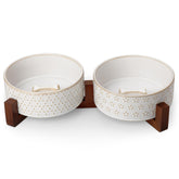 MALACASA dog bowl set on walnut wood stand for elevated feeding and reduced spills