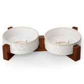 MALACASA dog bowl set with walnut stand, elevated design for comfortable meals.