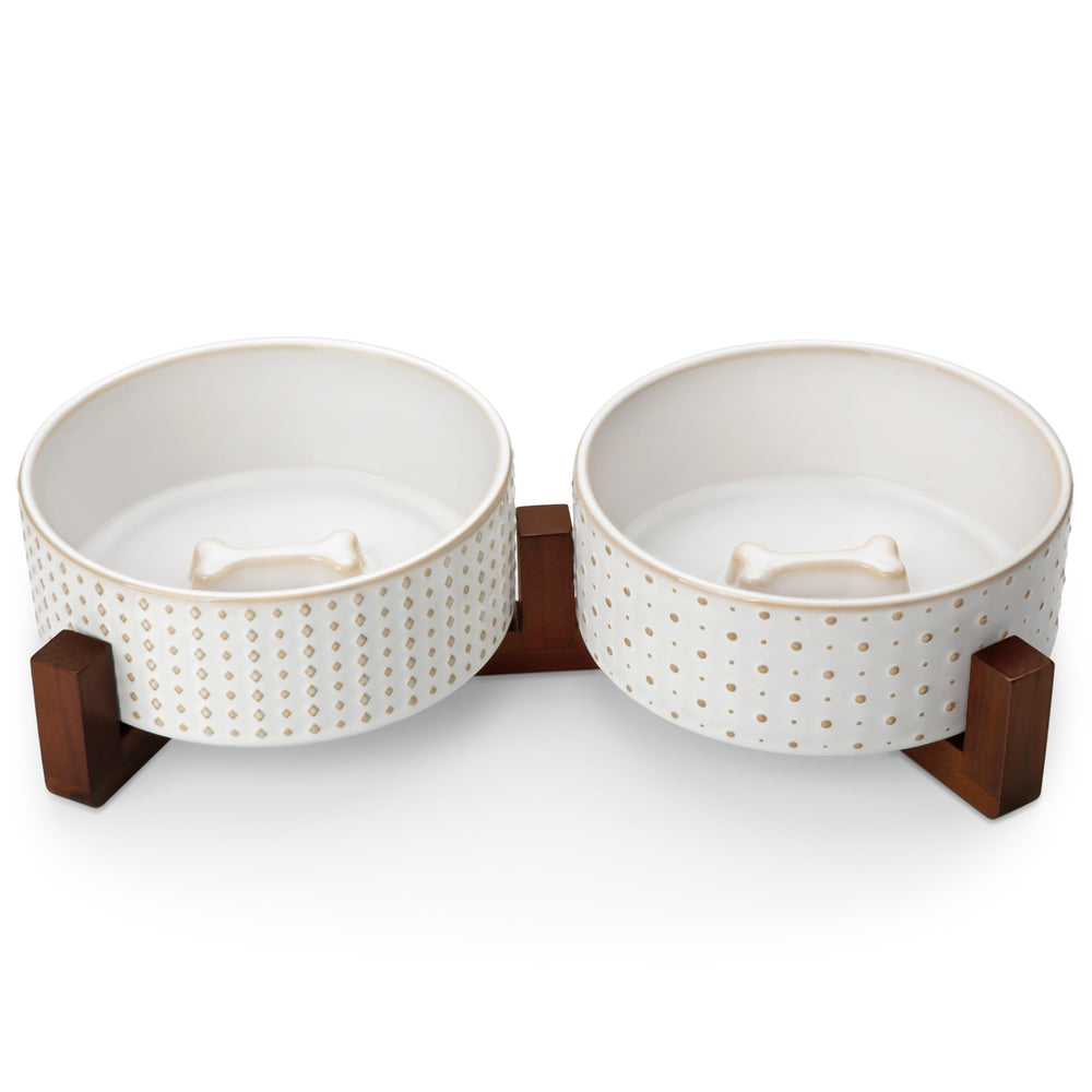 MALACASA dog bowl set with walnut stand for elevated feeding