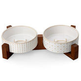 MALACASA dog bowl set with wood stand offering stable feeding for small pets