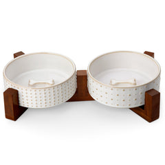 MALACASA dog bowl set with wood stand offering stable feeding for small pets