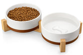 MALACASA dog bowls on wood stand front view for stable, mess-free feeding.