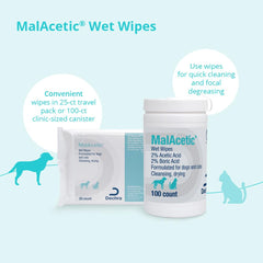 MalAcetic Wet Wipes in use on a dog’s chin area for soothing care.
