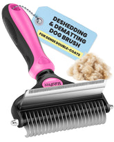 MalsiPree 2-in-1 dog brush for shedding in pink removes loose fur gently.