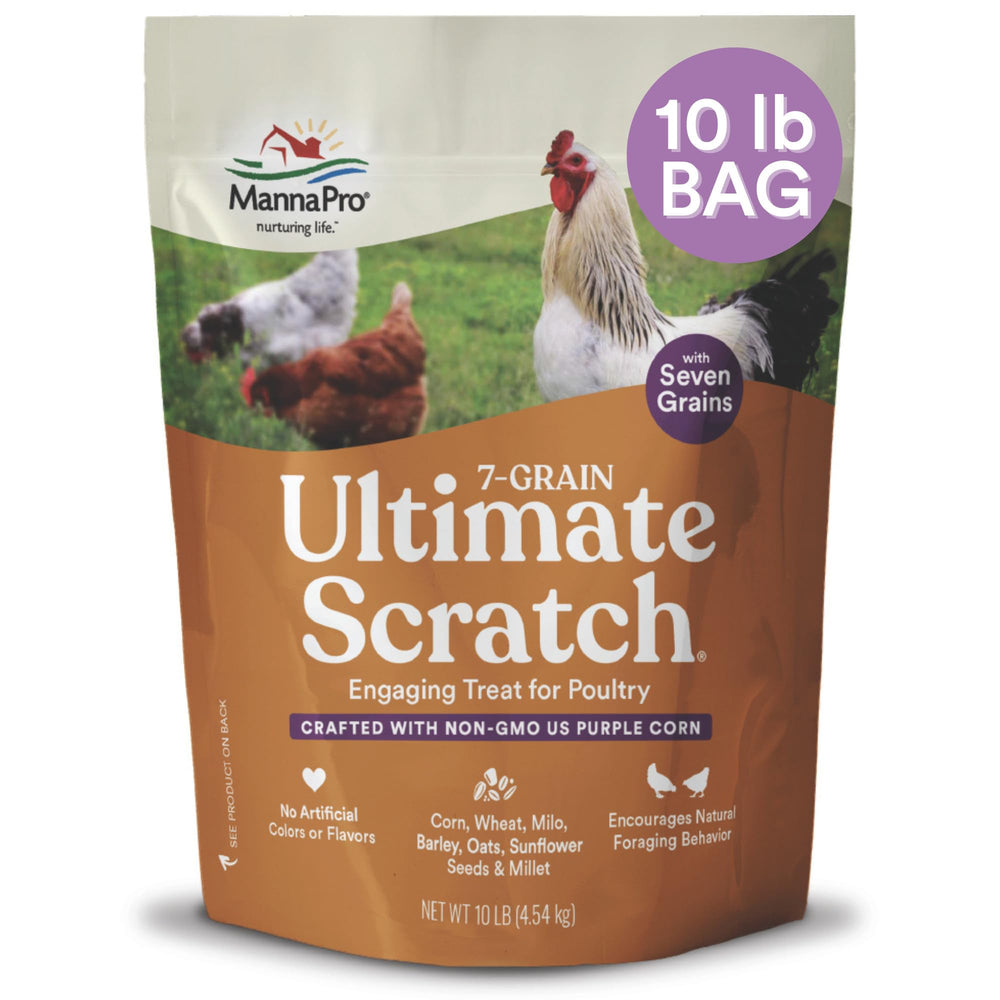 Manna Pro 7-Grain Ultimate Scratch bag shows natural ingredients for backyard flocks, promoting foraging enrichment.
