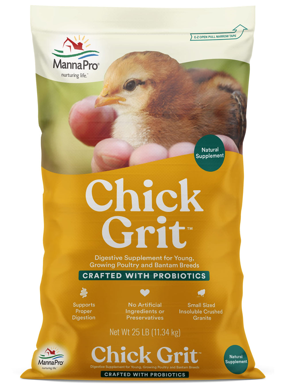 Manna Pro Chick Grit bag front with probiotics for growing poultry digestion.