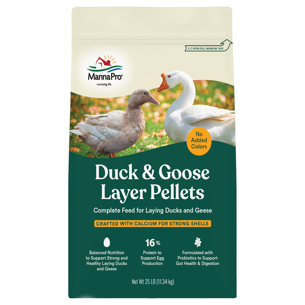 Manna Pro Duck Layer Pellet bag closeup showing non-antibiotic nutrition for eggs