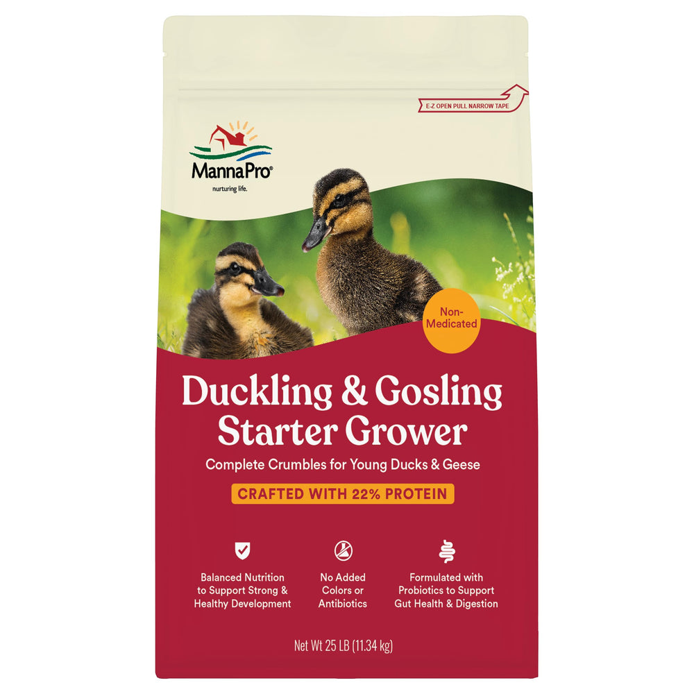 Manna Pro Duck Starter Grower Crumble front label shows complete nutrition details for ducks