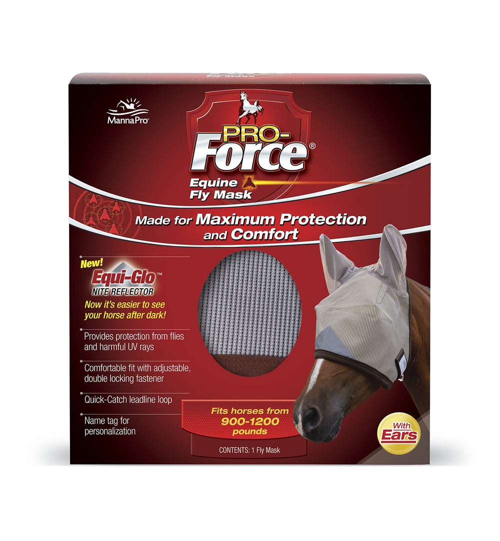 Manna Pro Pro-Force Fly Mask with Ears on clear-view mesh for unobstructed grazing.