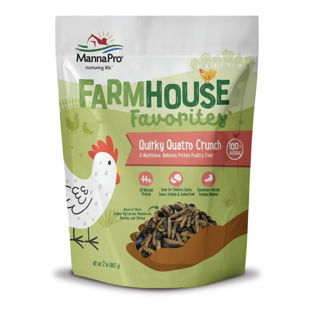 Manna Pro Quirky Quatro Crunch bag close-up, high-protein poultry treat.