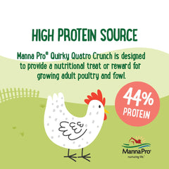 Manna Pro Quirky Quatro Crunch ingredients shown: BSFL larvae, natural protein.