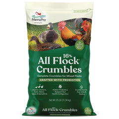 Manna Pro All Flock Crumbles bag front view, complete nutrition.