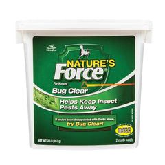 Manna Pro Nature’s Force Bug Clear powder bucket for consistent insect defense.